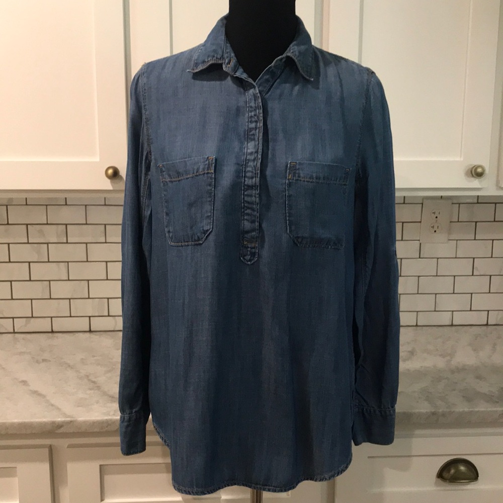 Lou & Grey Denim Shirt Womens Small Blue Chambray Pockets Boho Festival Baggy‎